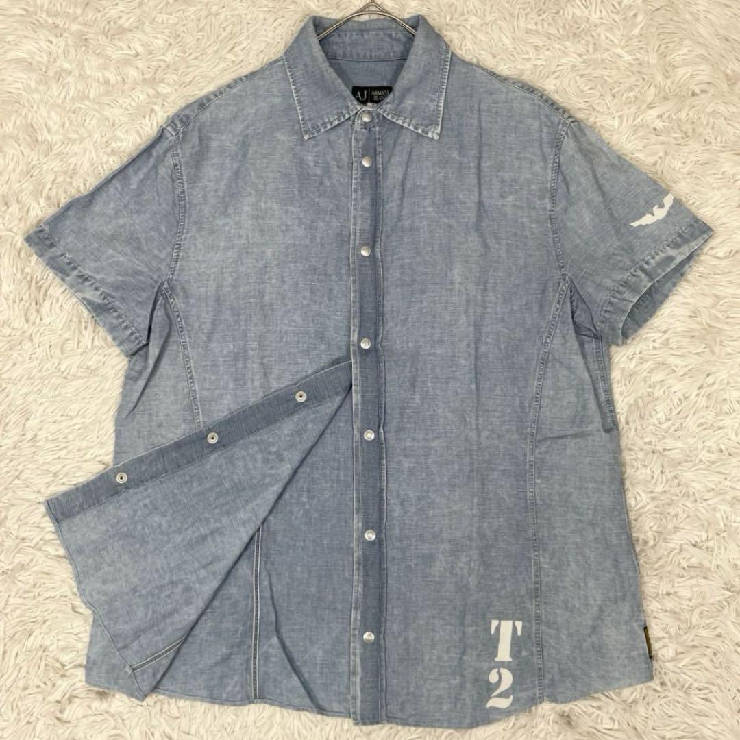 XXLサイズ✨アルマーニ 半袖デニムシャツ イーグルロゴ ストレッチ 刻印ボタン