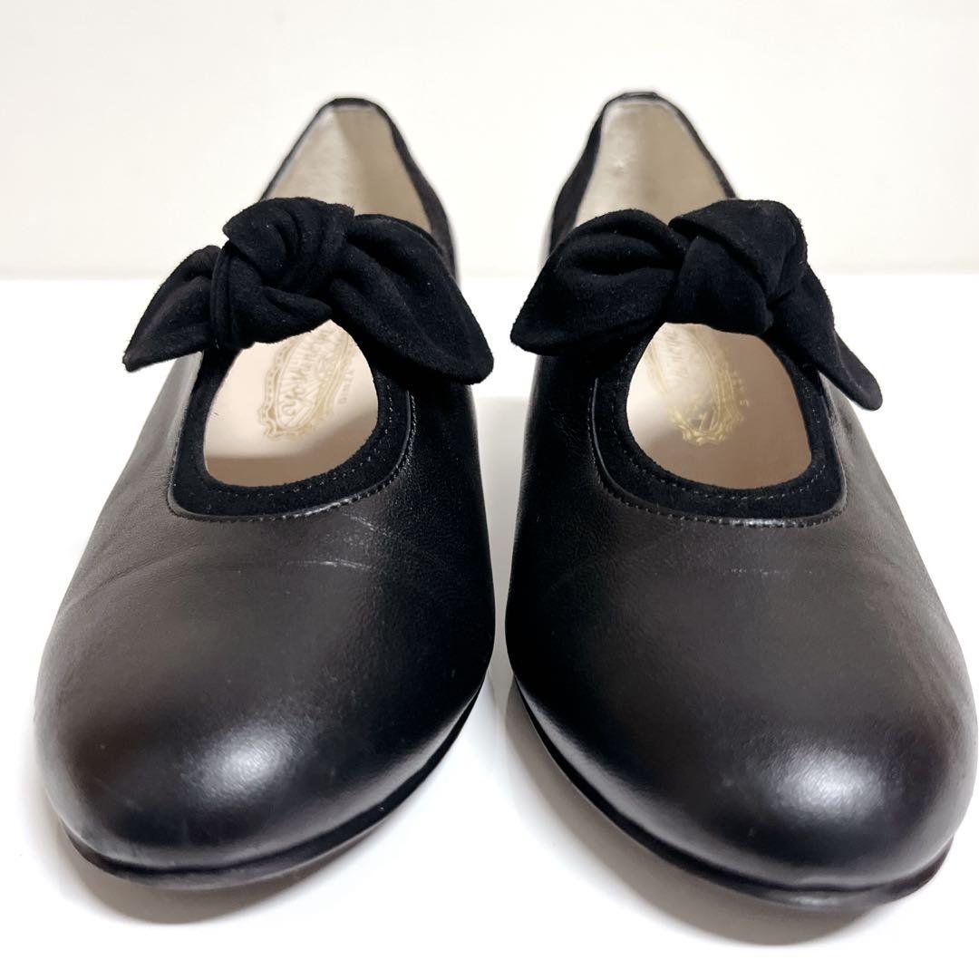 『美品』銀座ヨシノヤHV パンプス 外反拇趾対応 レザー 黒22cmリボン