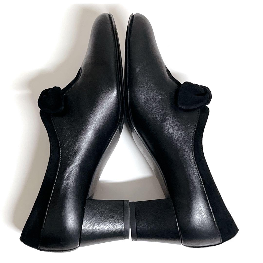 『美品』銀座ヨシノヤHV パンプス 外反拇趾対応 レザー 黒22cmリボン