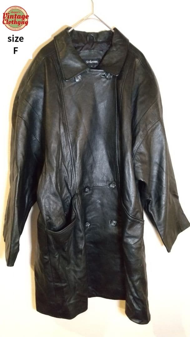 SUNLEATHER 黒レザーコート F ダブルブレスト ポケット付 コート 黒 SIZE