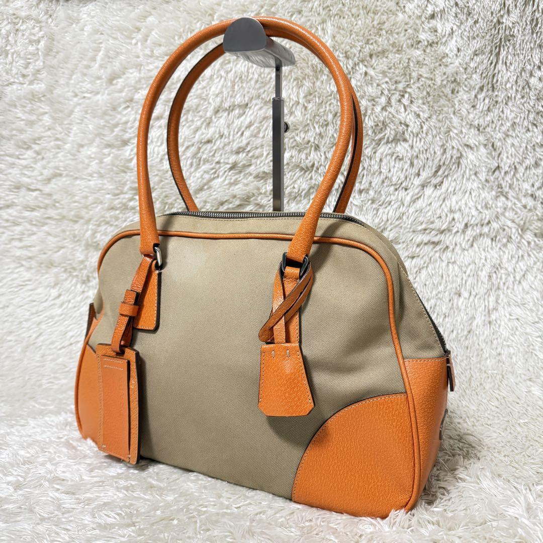 PRADA プラダ キャンバス レザー ボストンバッグ 三角ロゴ ブラウン プラダ 三角ロゴ ミニボストン トート ハンドバッグ レザー