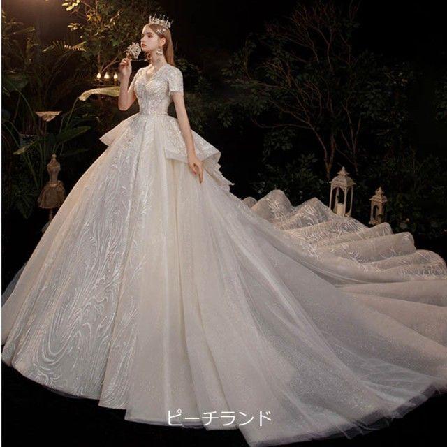 【限定セール！】 ウエディングドレス 袖あり 半袖 ロング Aライン トレーンドレス スーツ・フォーマル・ドレス