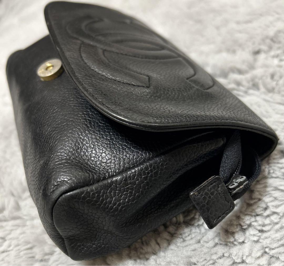 【レア】CHANEL ブラックレザー CCロゴ　コスメポーチ