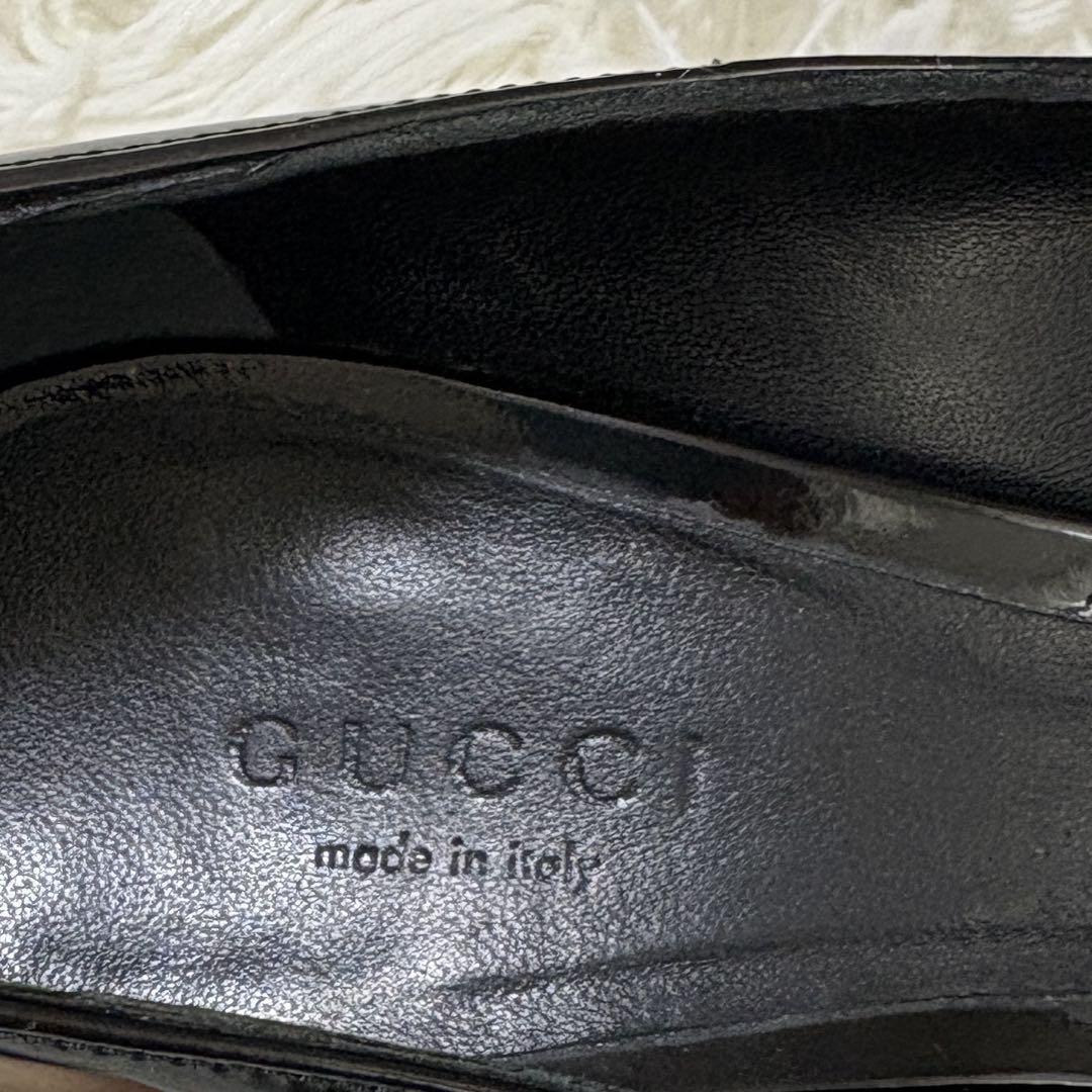 【美品】GUCCI ホースビット オープントゥパンプス ブラックエナメルレザー