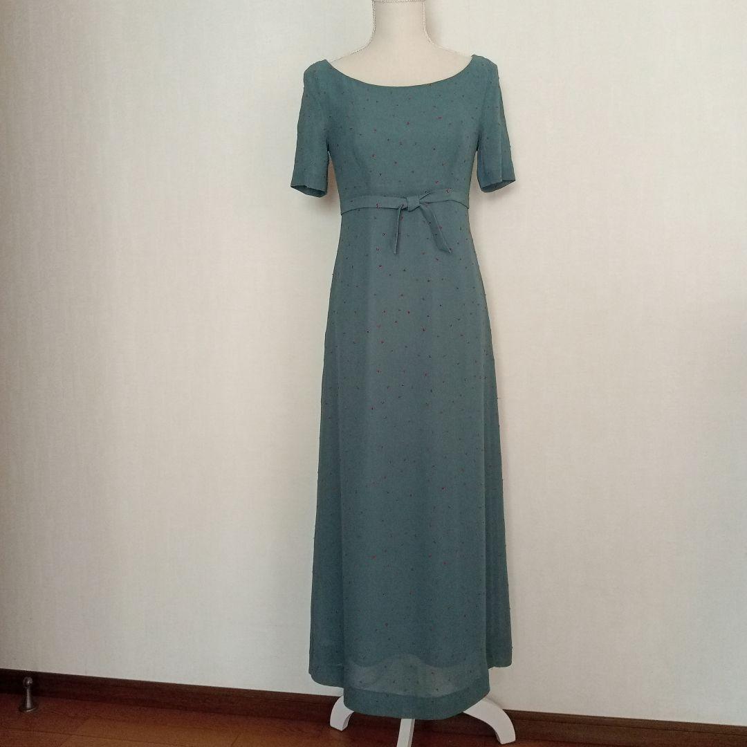 シビラ ロングワンピース ドット刺繍 ベルト グリーン系 L
