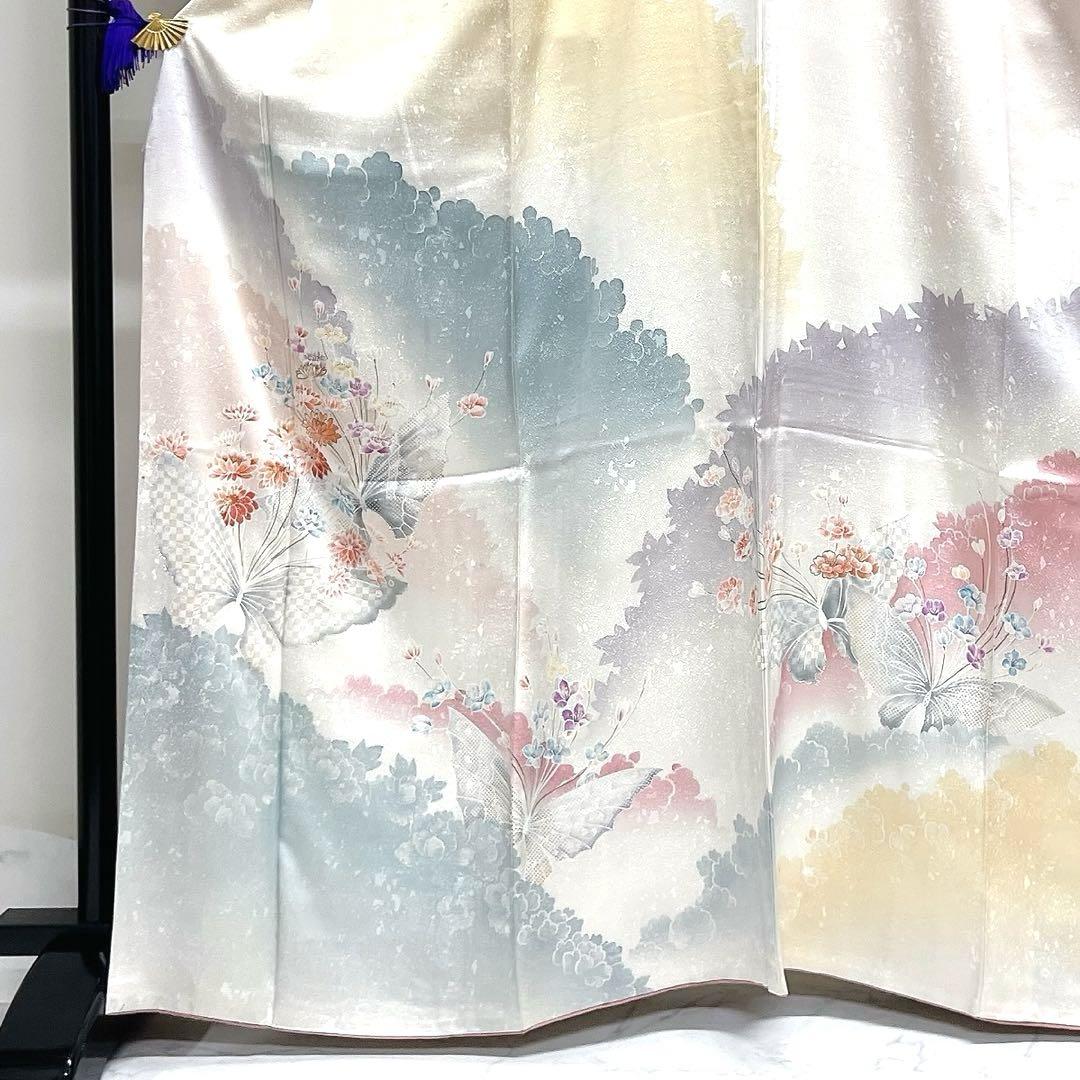 訪問着　刺繍　金彩　銀彩　蝶　花模様　パステルカラー　紋無し　着物　012k 訪問着 刺繍 金彩 銀彩 蝶 花模様 パステルカラー 紋無し 着物