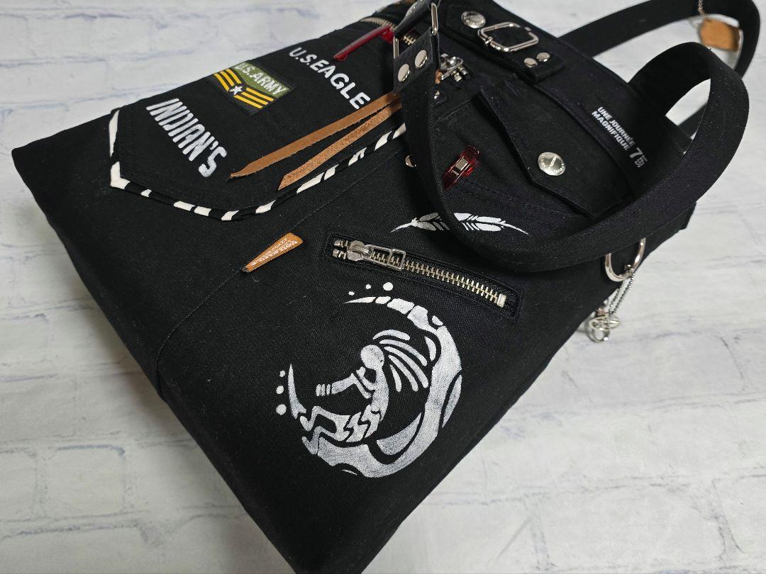 デニムリメイクトートバッグ ココペリ 本革 BLACK デニムリメイクトートバッグ ブラック ココペリ-売れ済銀座