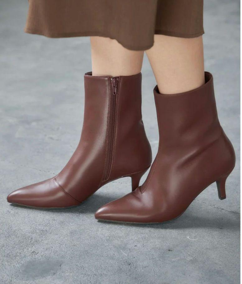 STYLE DELIブラウン レザー ブーツ ポインテッドトゥ ヒール6.5cm