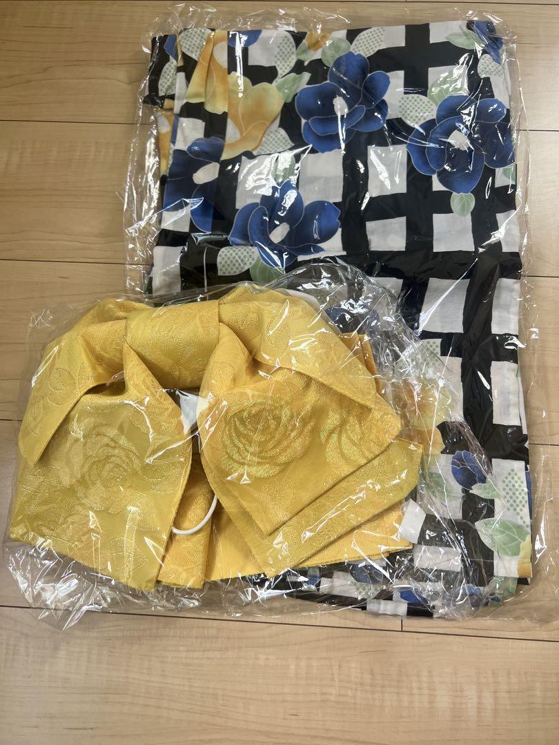 浴衣・帯セット 黒白チェック 青花柄