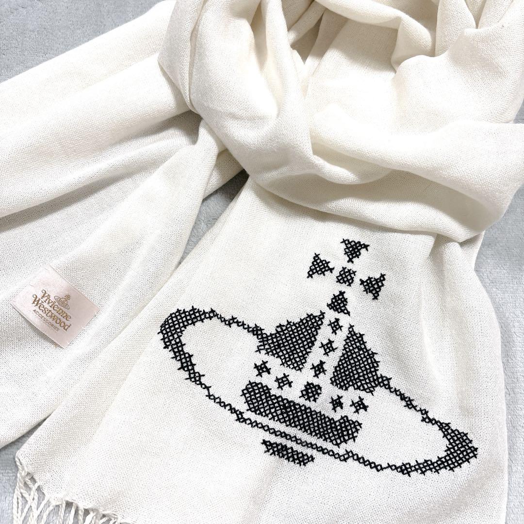 希少 ヴィヴィアンウエストウッド 白 薄手 ストール オーブ 刺繍