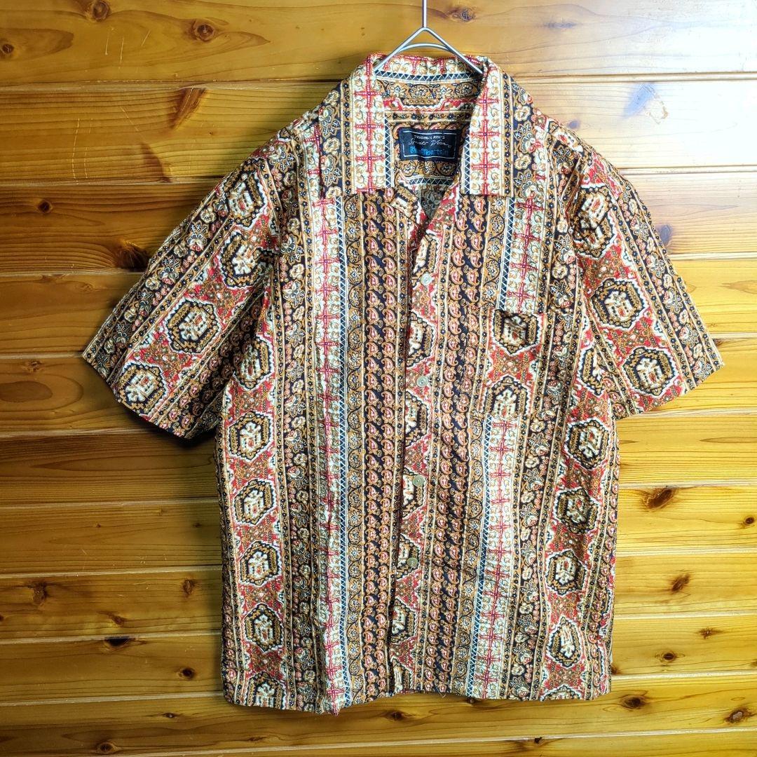 半袖シャツ　柄シャツ　エスニック柄　M　ヴィンテージ　レトロ　オープンカラー