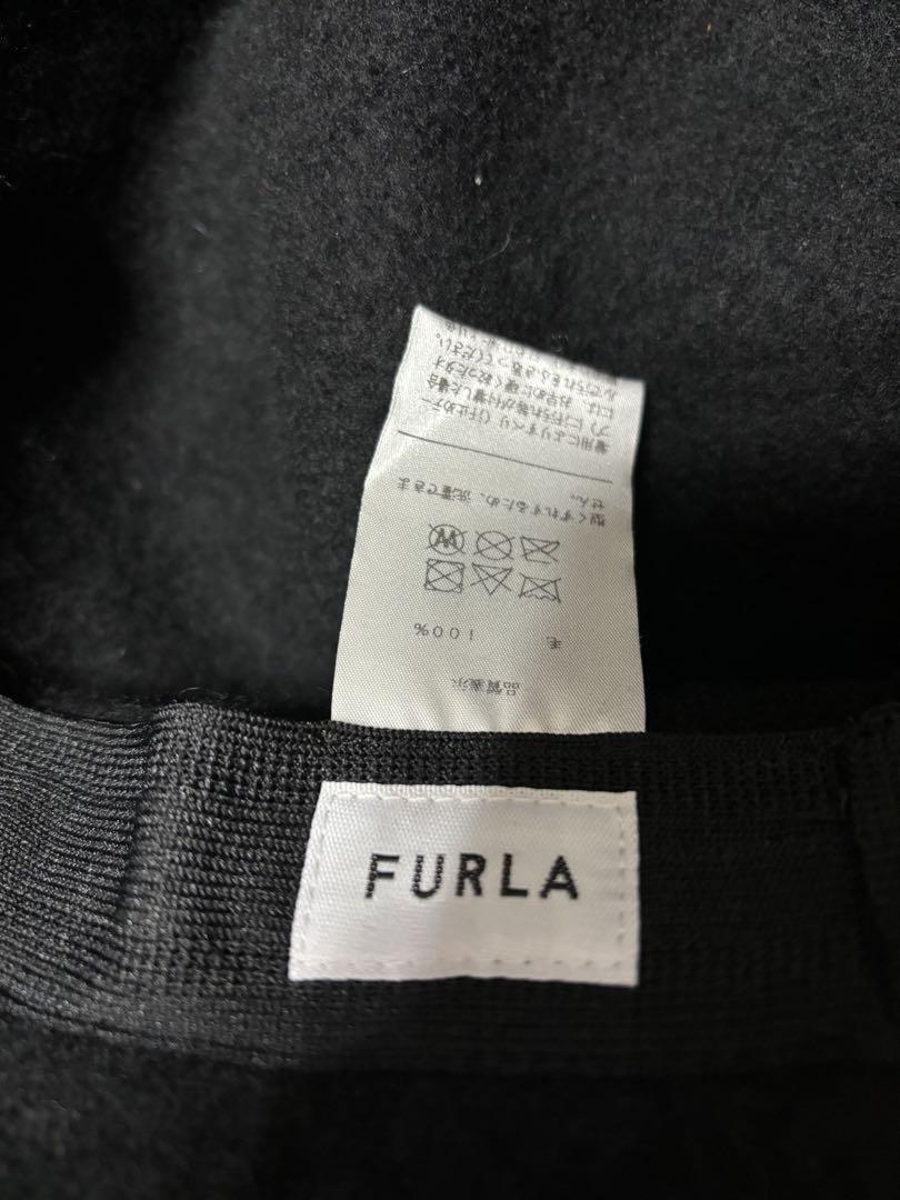 贈り物 FURLA 黒 ウール バケットハット 刺繍ロゴ 帽子 帽子