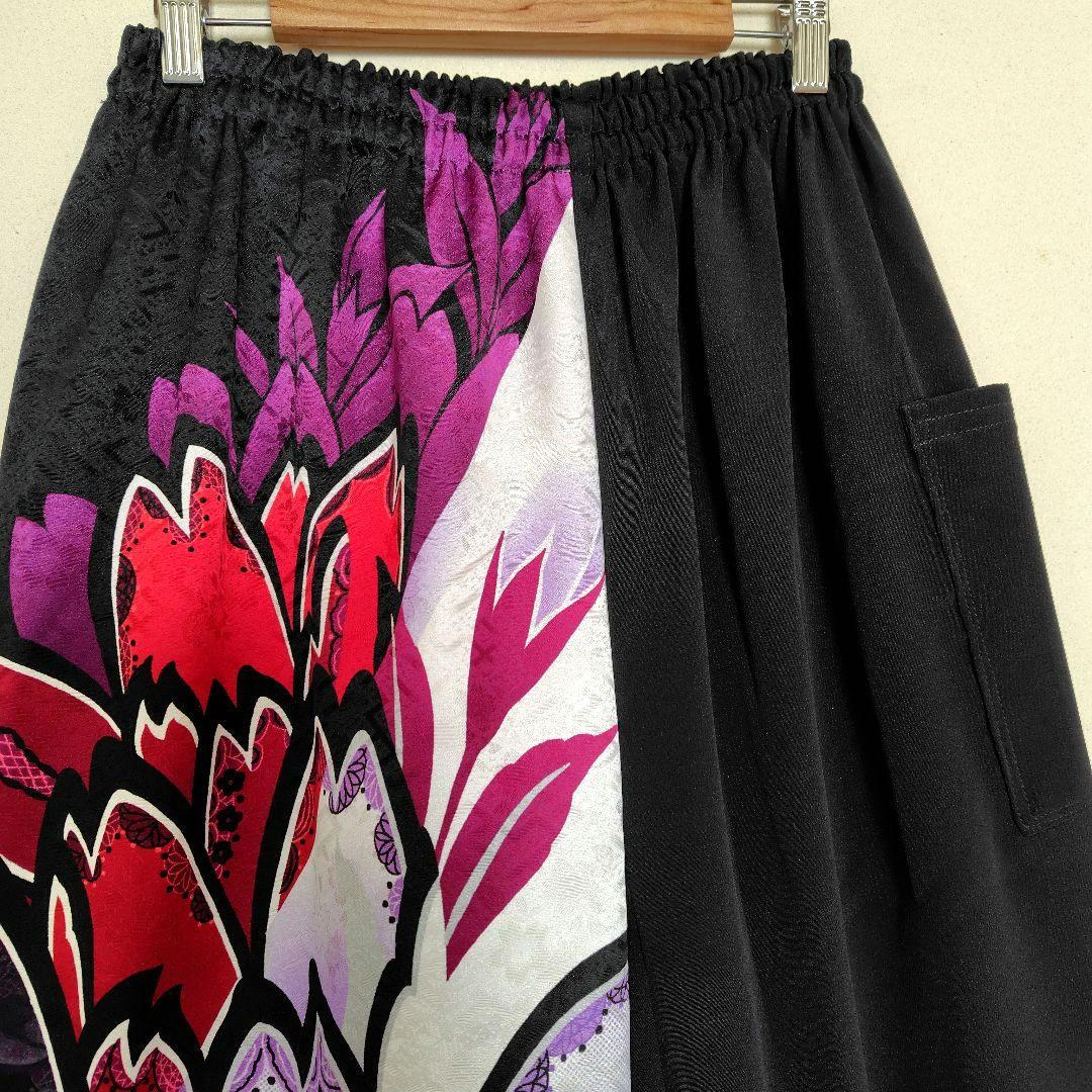 着物もんぺパンツ【花弁】正絹 黒留袖 リメイクハンドメイド