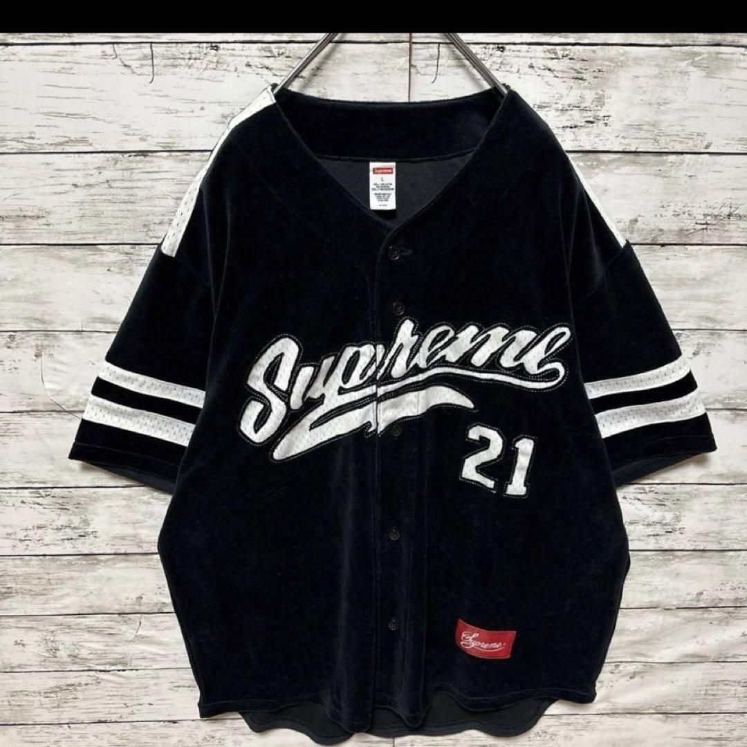 送料無料 店舗 supreme メンズ Lサイズ 美品 ベロア生地ベースボールシャツ トップス