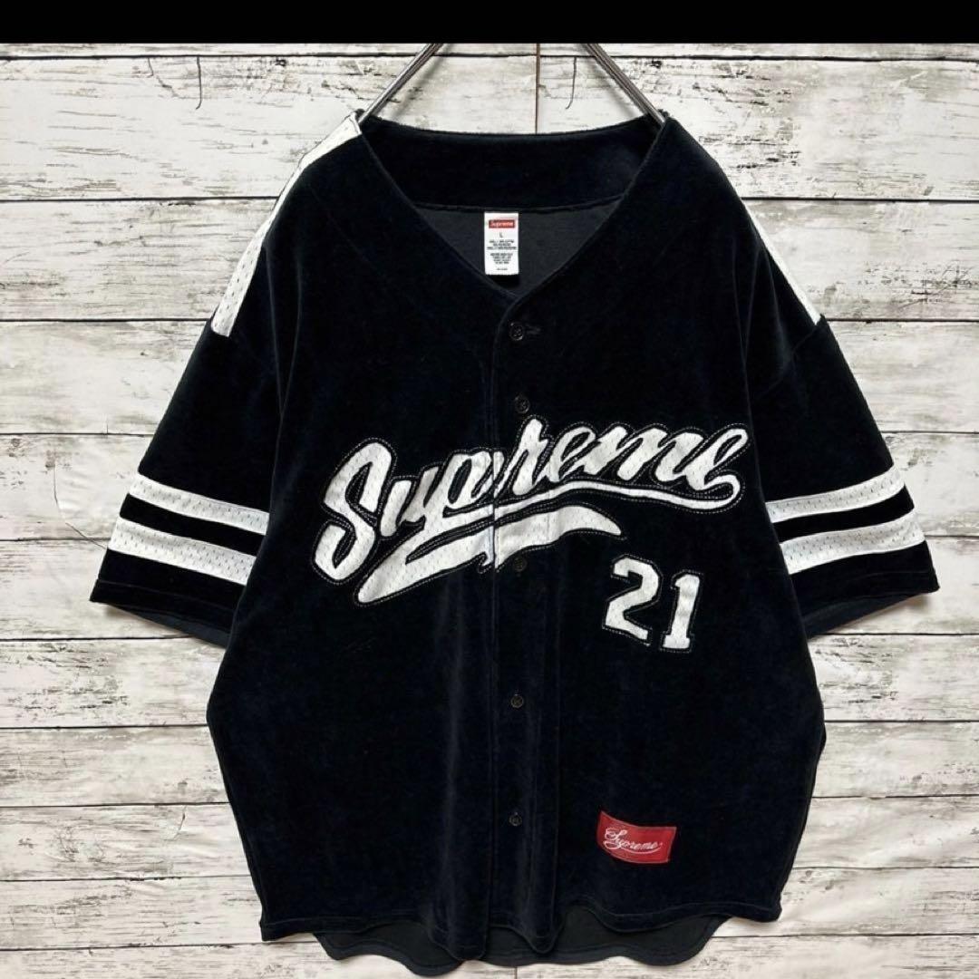 supreme ベロア生地ベースボールシャツ　美品　Lサイズカラーブラック