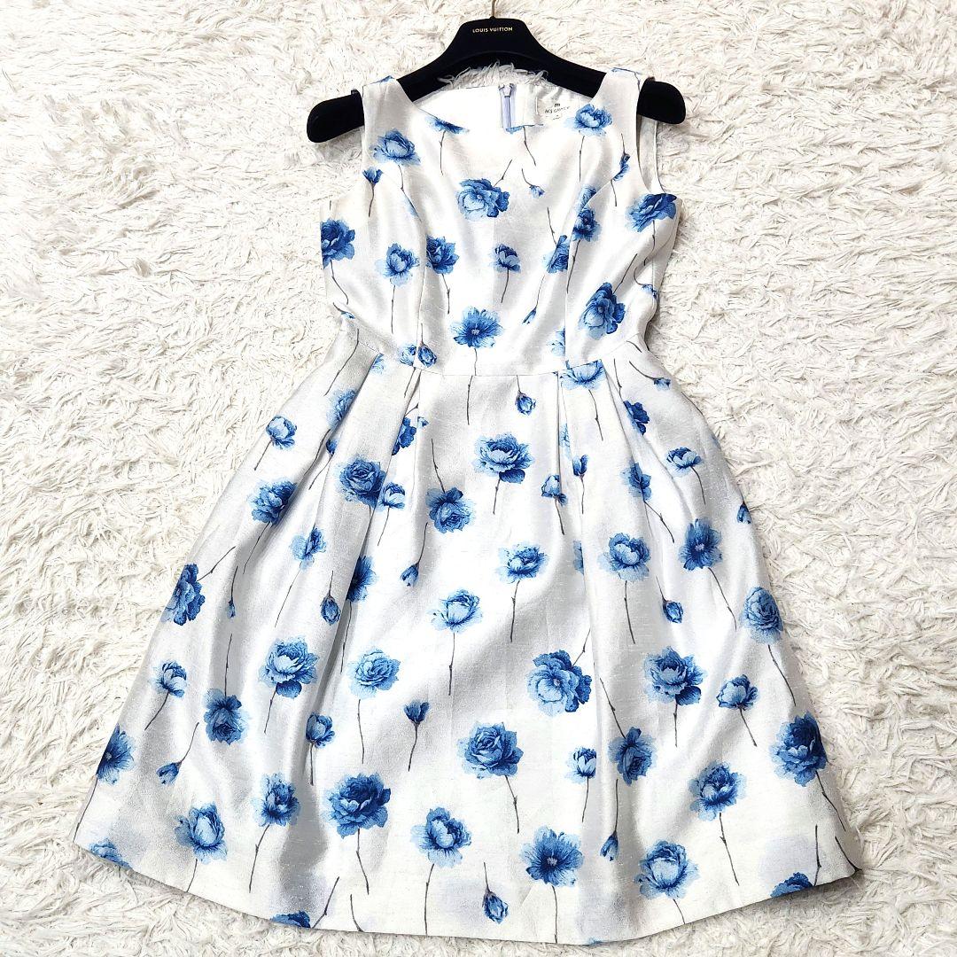 ✨美品✨エムズグレイシー❣️膝丈ワンピース M 花柄 シルバー Aライン ✨美品✨エムズグレイシー❣️膝丈ワンピース M 花柄 シルバー Aライン