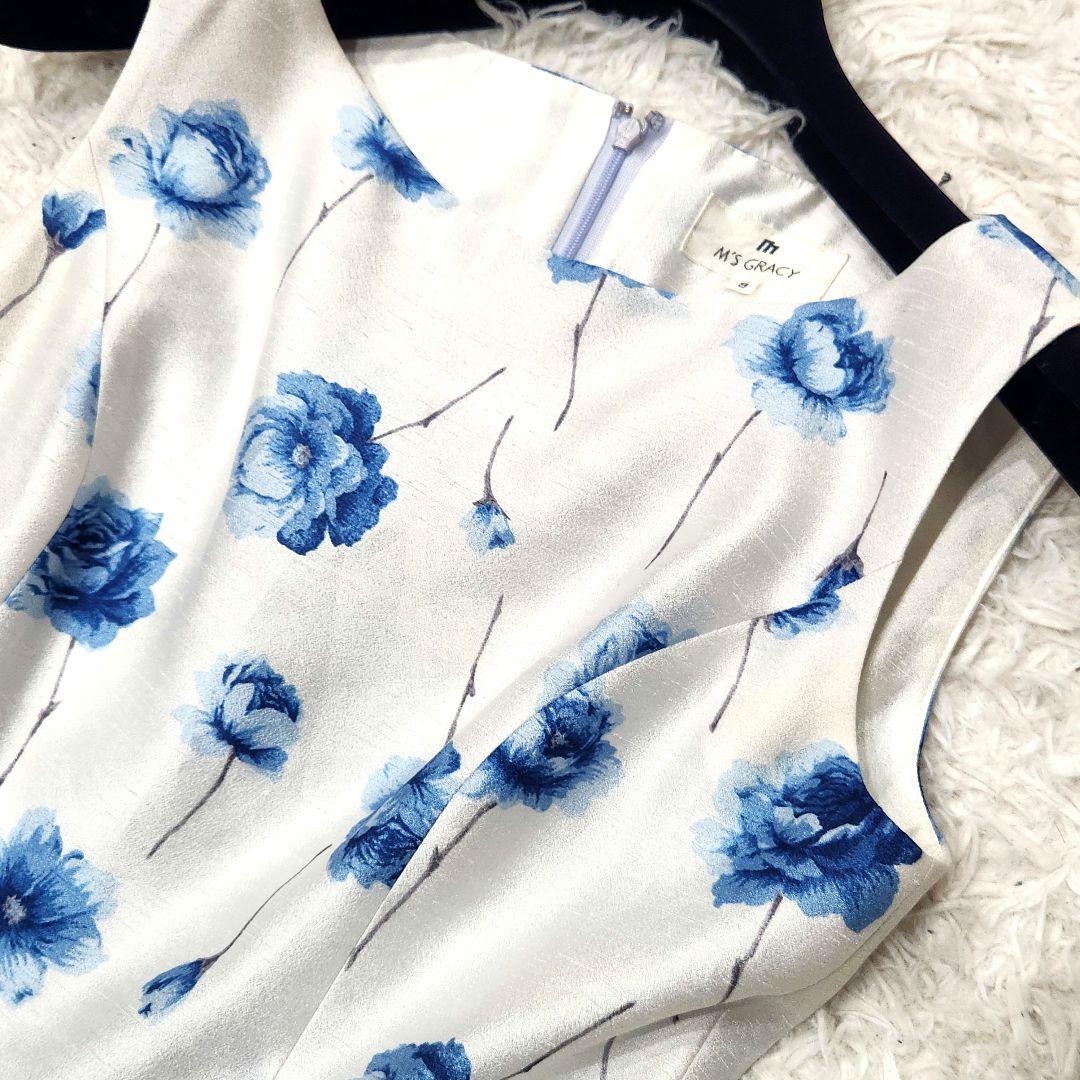 ✨美品✨エムズグレイシー❣️膝丈ワンピース M 花柄 シルバー Aライン ✨美品✨エムズグレイシー❣️膝丈ワンピース M 花柄 シルバー Aライン