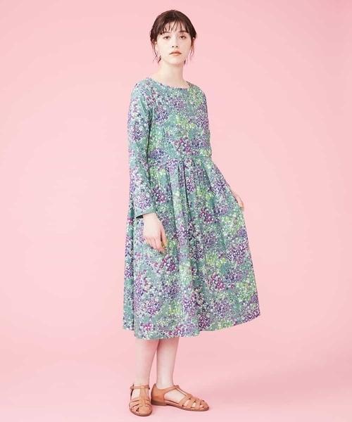 ホコモモラ Ramo プリントワンピース 花柄 長袖 ロングワンピース グリーン