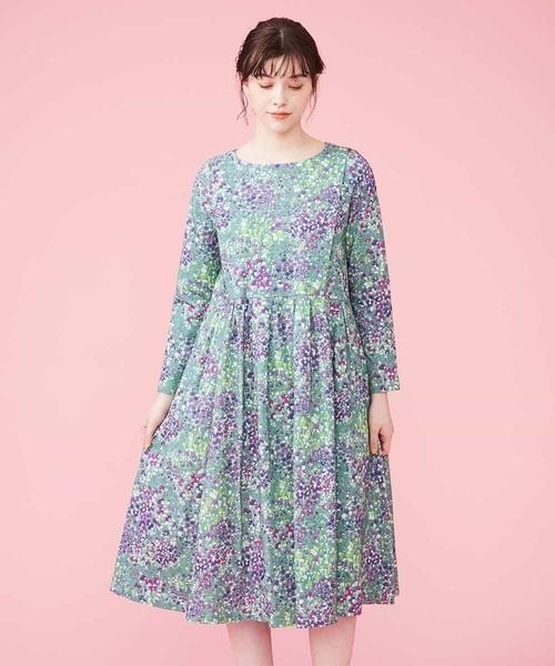 ホコモモラ Ramo プリントワンピース 花柄 長袖 ロングワンピース グリーン