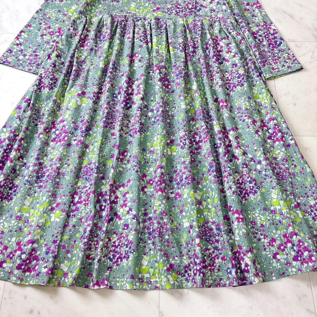 ホコモモラ Ramo プリントワンピース 花柄 長袖 ロングワンピース グリーン