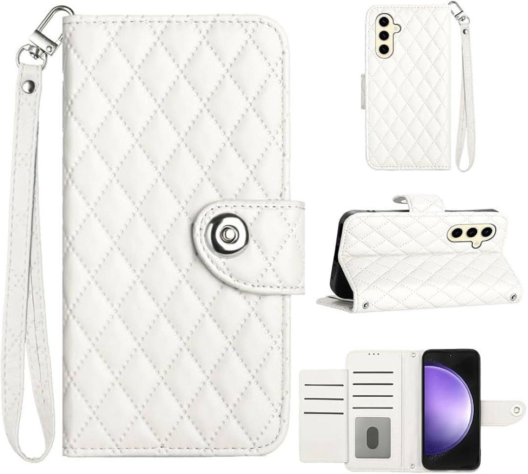 Galaxy S24ケースケース 手帳型 チェック柄 財布型 ホワイト