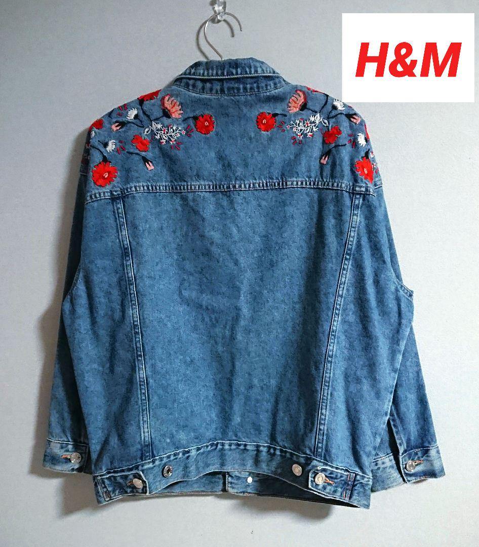 H&M エイチアンドエム 花柄刺繍デニムジャケット☆GジャンXS表記 S~M