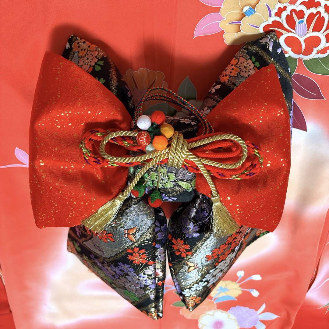七歳祝い着　正絹着物、飾り帯、ほか小物一式