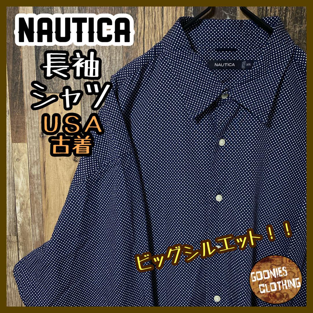ドット 水玉 ネイビー ノーティカ メンズ 2XL USA古着 長袖 シャツ