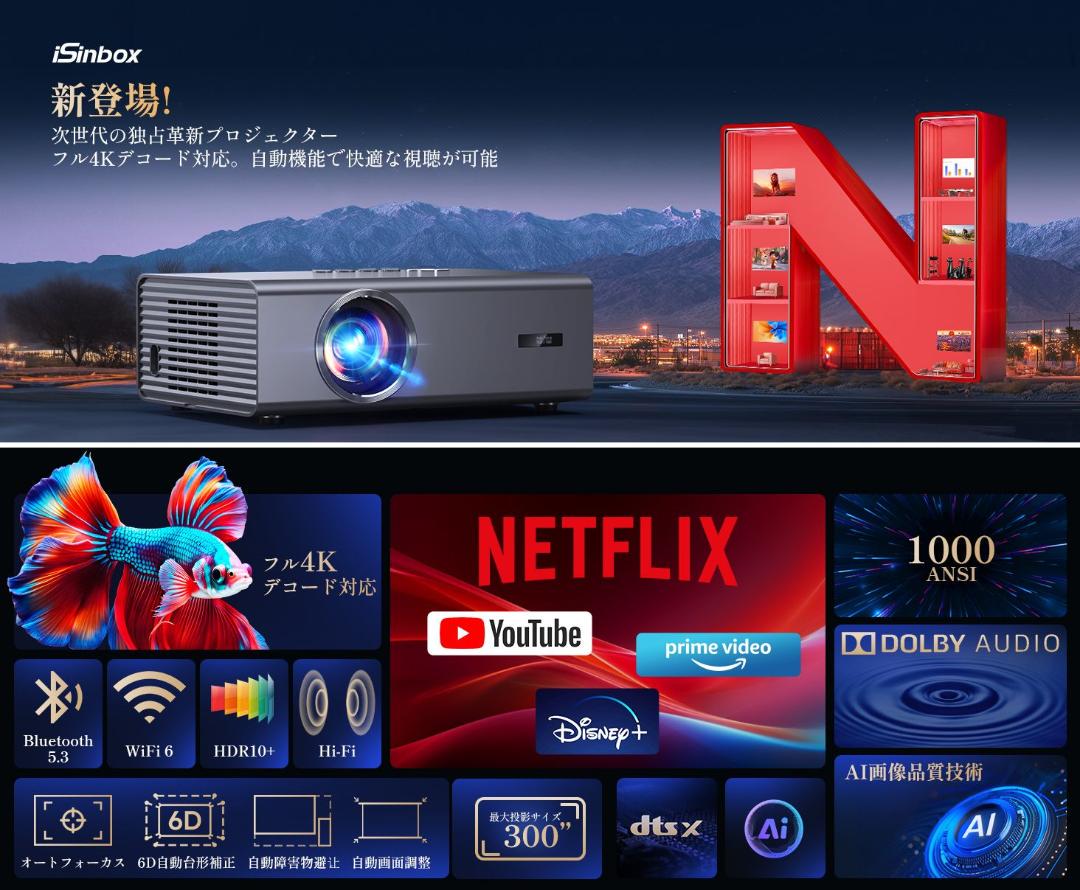 希少 2025年 1000ANSI プロジェクター Netflix公式ライセンス