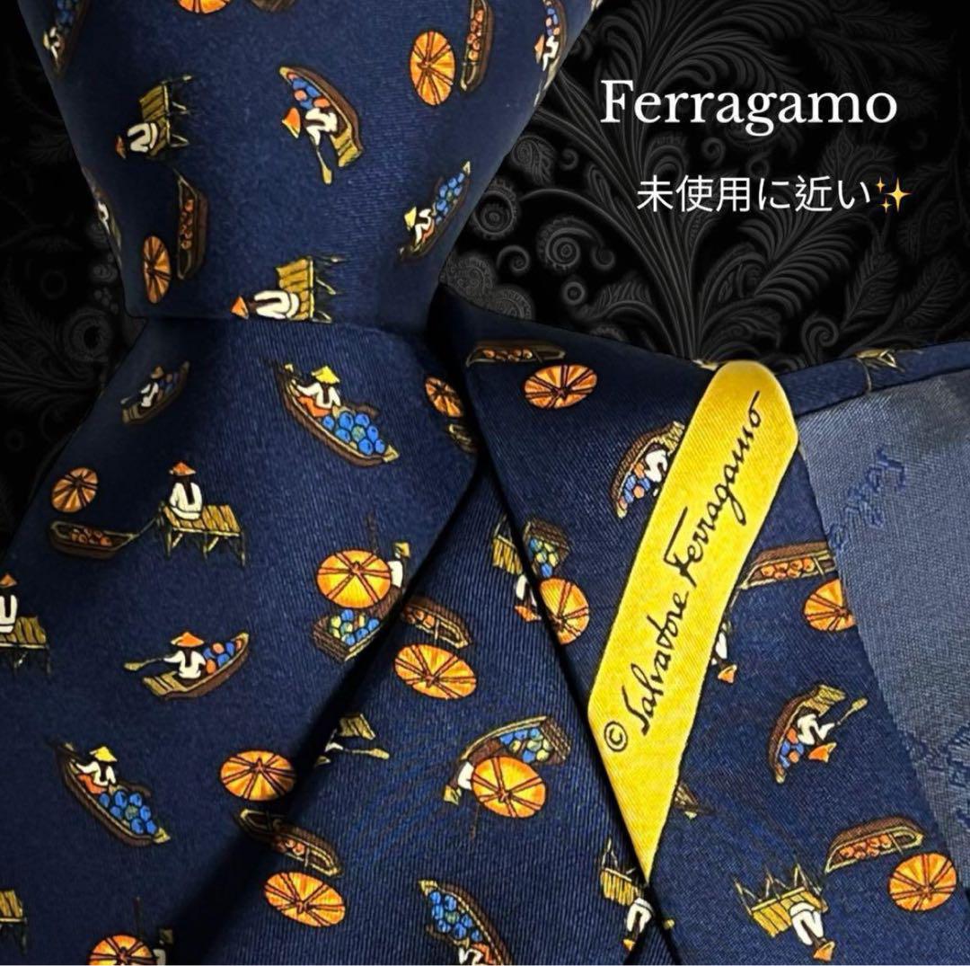 Ferragamo ネクタイ ネイビー 船 人 イタリア製
