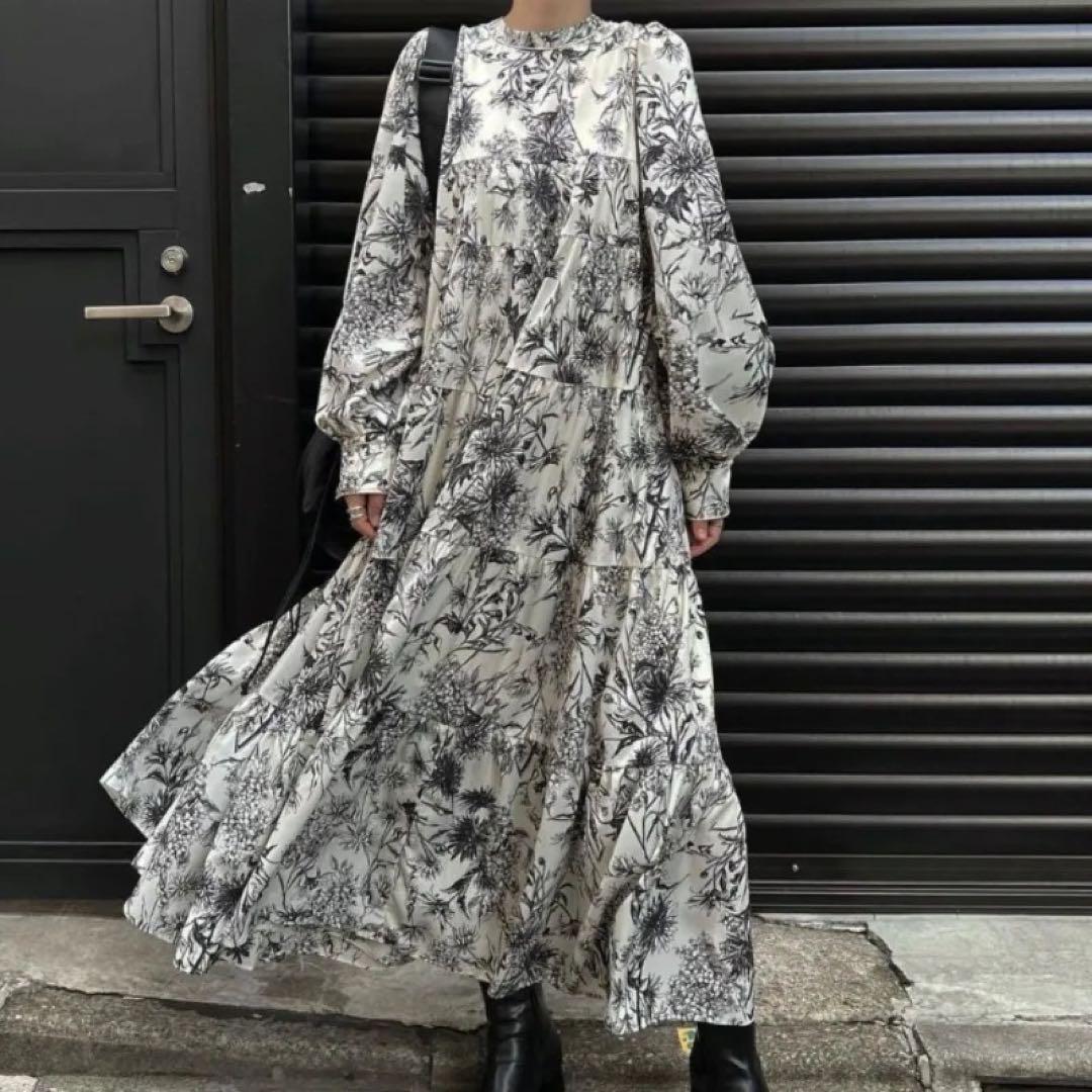 tiered various print stand collar OP - ロングワンピース