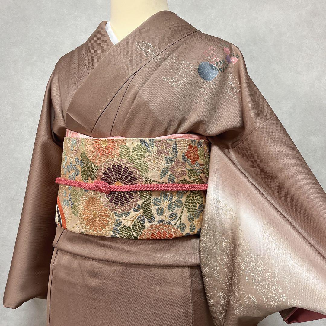 訪問着フルセット 着物 正絹 茶 ブラウン 花 壺 H8 着物・浴衣 訪問着フルセット 着物 正絹 茶 ブラウン 花 壺 H8 着物・浴衣