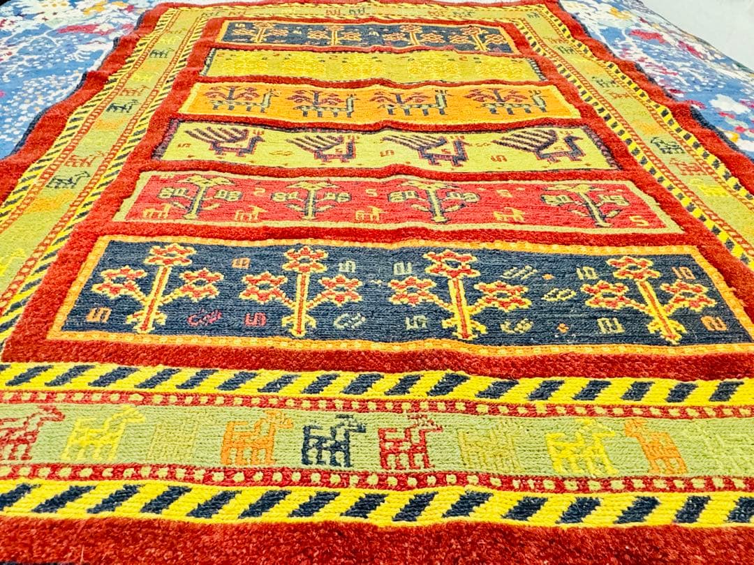 ウール製多色幾何学模様ラグ 約70x100cm キリム