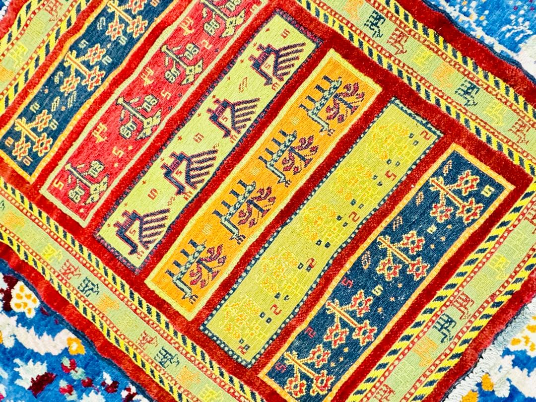 ウール製多色幾何学模様ラグ 約70x100cm キリム