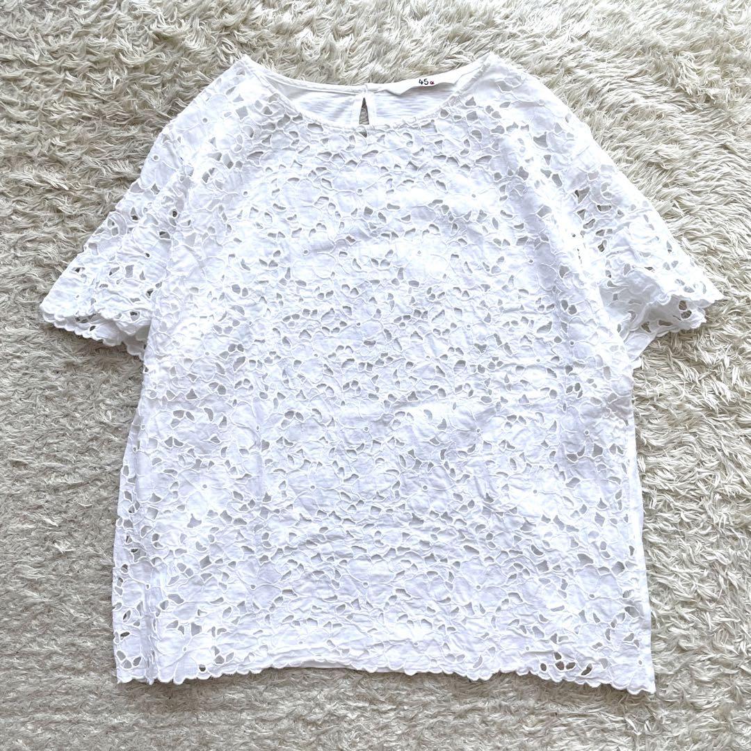 45R 綿レースのカットソー Lサイズ コットン 四角Tシャツ 白