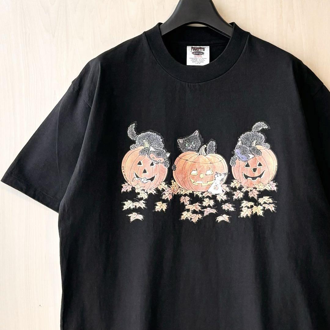 90s古着　ヴィンテージ　オニータ　Tシャツ　3匹の子猫とカボチャ　可愛い黒ネコ