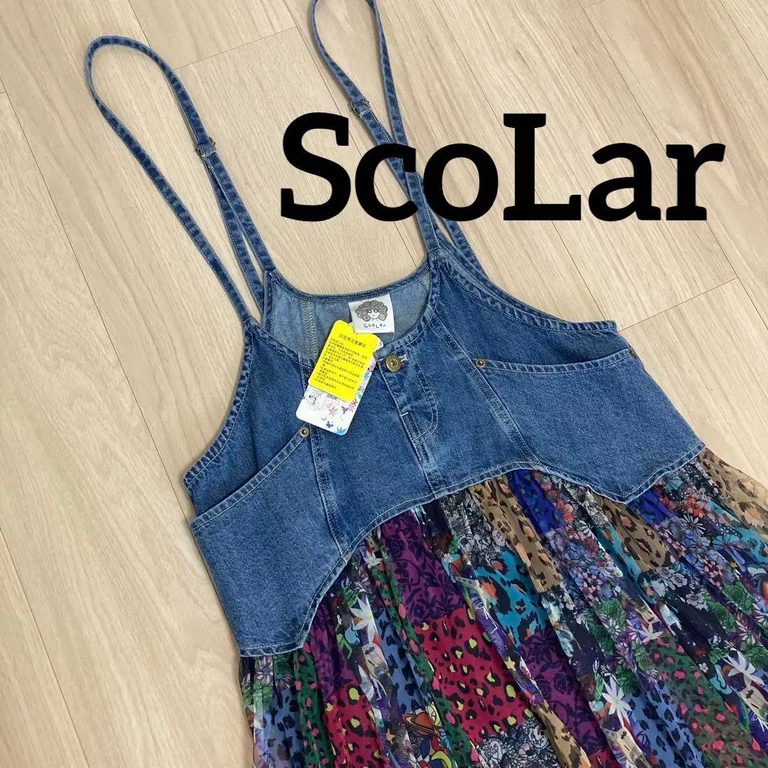 ScoLar スカラー 花×ヒョウパッチワーク柄 デニム切替ワンピース