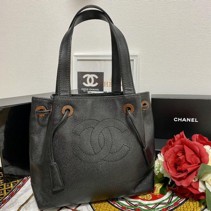 美品 CHANEL シャネル ブラック キャビアスキン 巾着トート