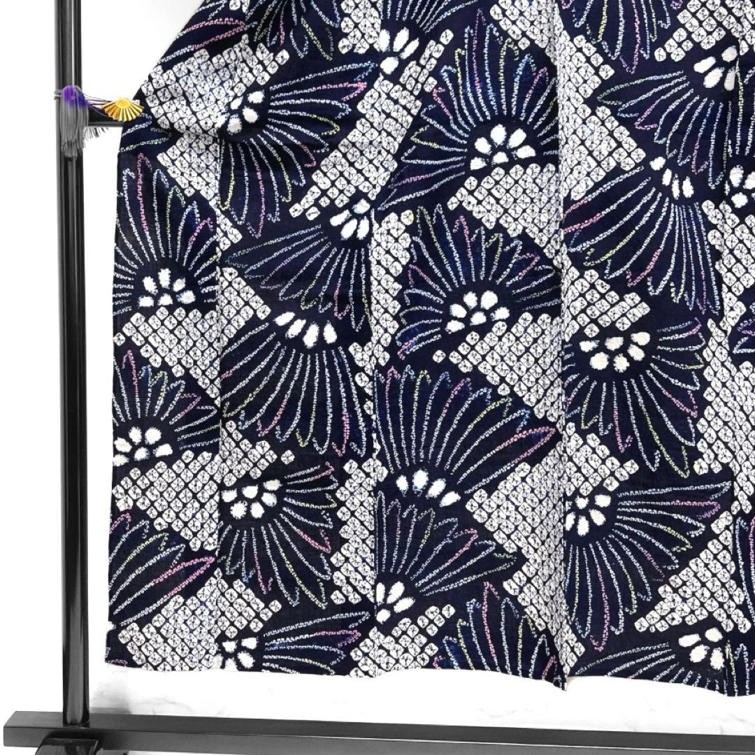 浴衣 有松鳴海絞り 花模様 扇 鹿の子 藍染 着物 063a d 浴衣 有松鳴海絞り 花模様 扇 鹿の子 藍染 着物 063a d