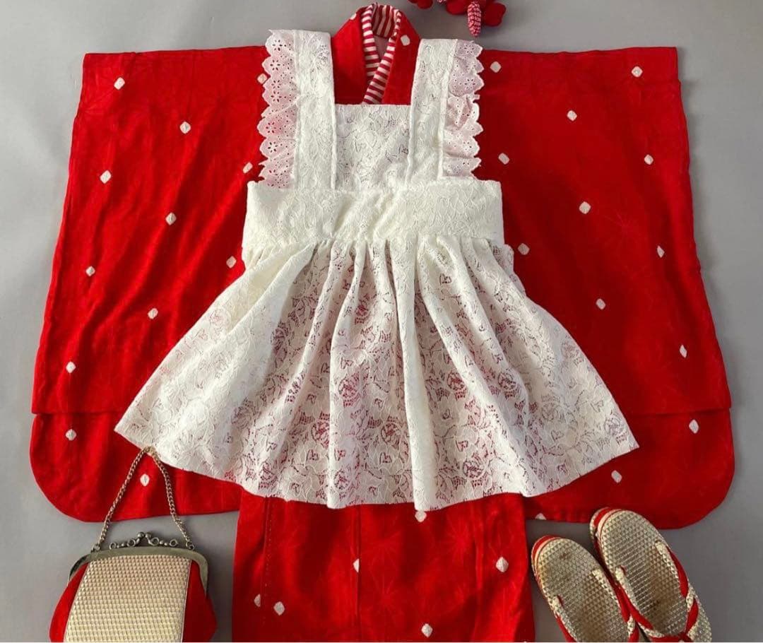 七五三 3歳 レースの被布エプロンコーデ 正絹お着物 3歳〜5歳前後100cm