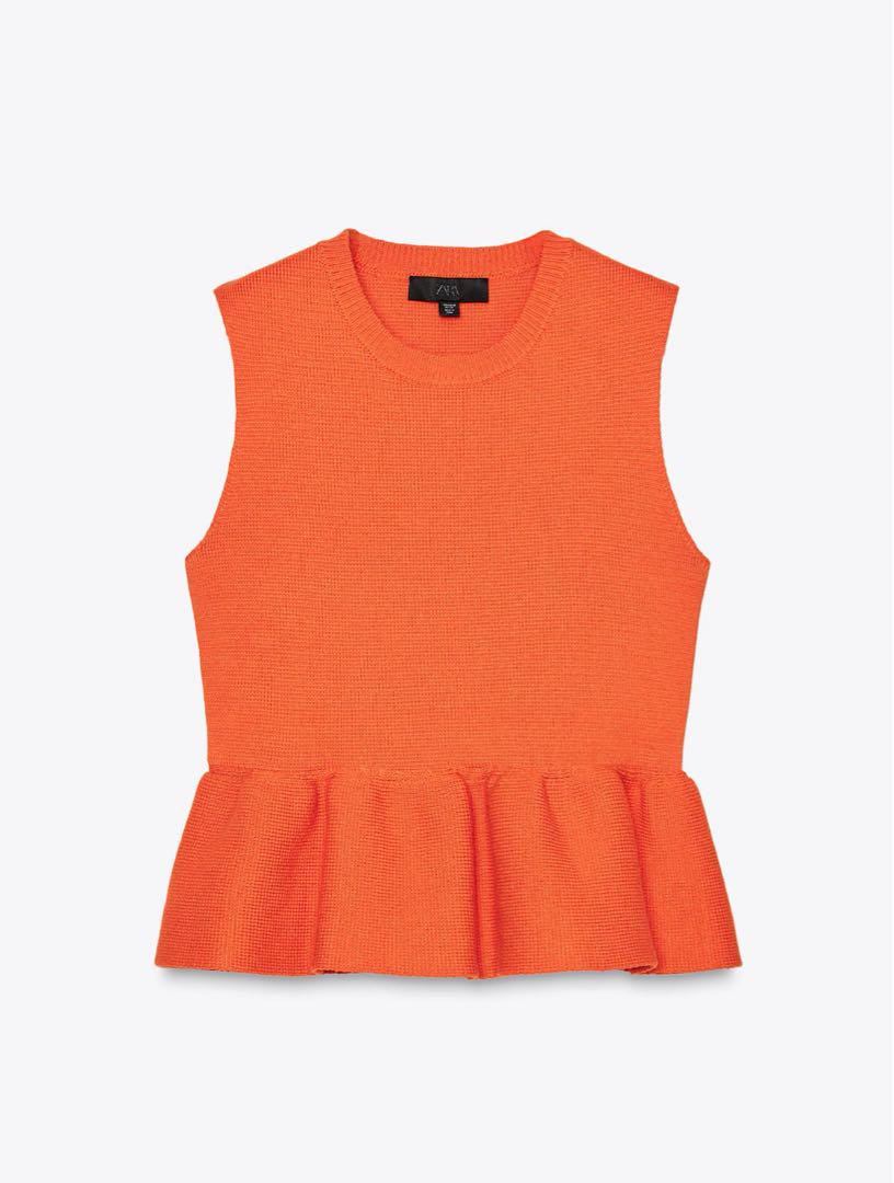 オレンジ ニットペプラムトップス　ZARA