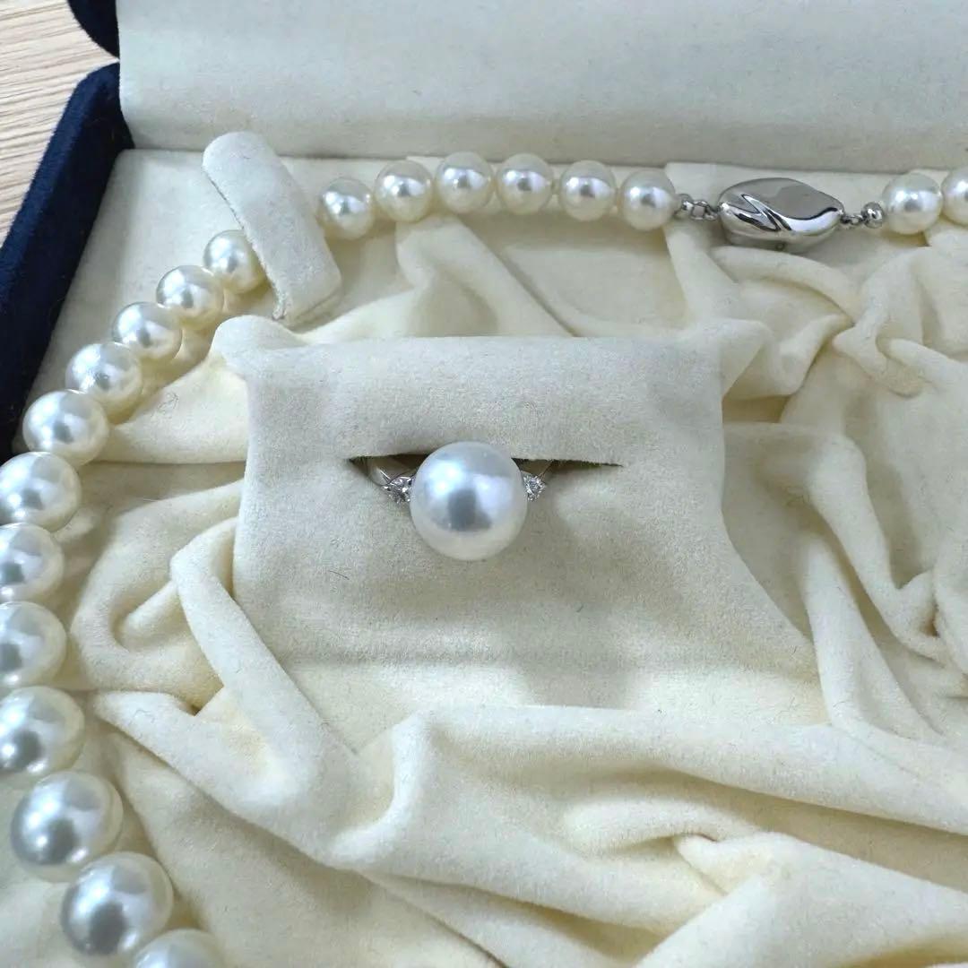 天然真珠 パールネック PT900リング K14WGイヤリング 3点セット アコヤ NC7.5mm〜8mm 冠婚葬祭・入学式・卒業式にも！！ 天然真珠 パールネック PT900リング K14WGイヤリング 3点セット アコヤ