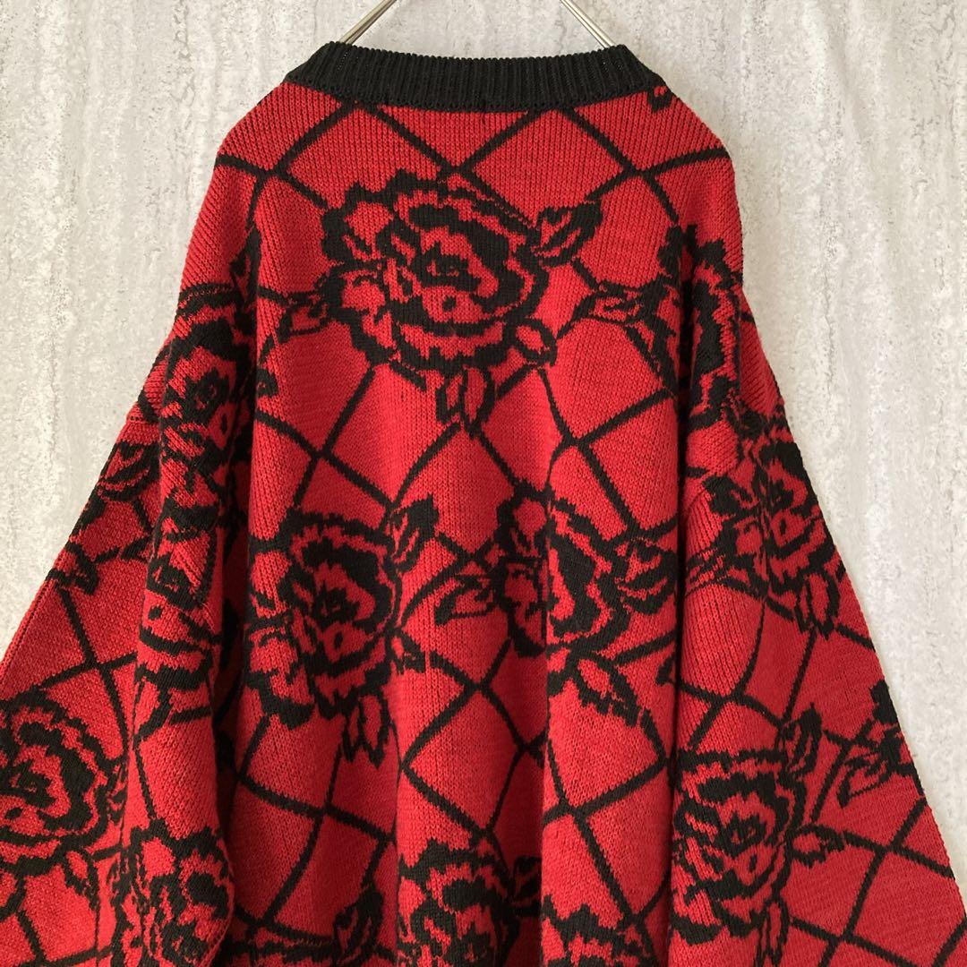 ヴィンテージ カーディガン お花柄 バラ レトロ 可愛い レッド