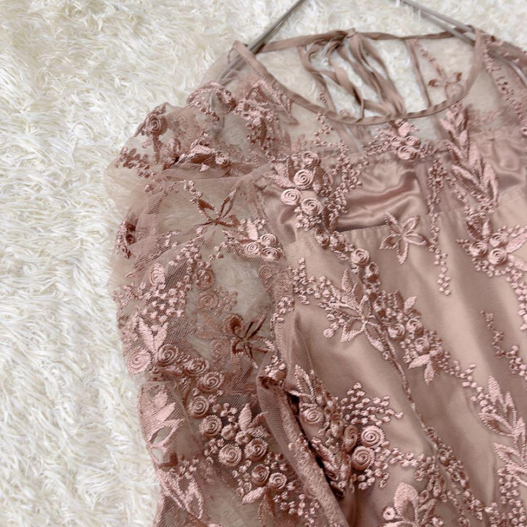 haremode 花柄刺繍ミディ丈ドレス　結婚式 ワンピース フォーマル モカ
