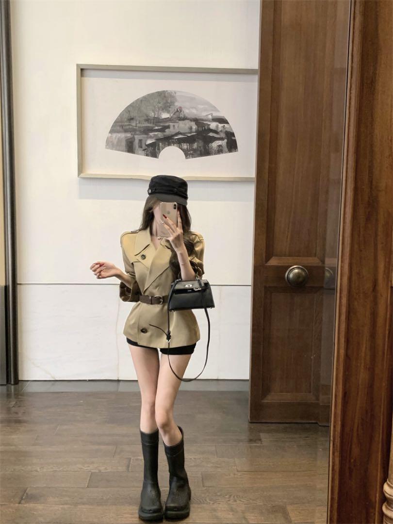 韓国 服 レディース トレンチコート ショート丈 アウター ベージュ 人気 長袖