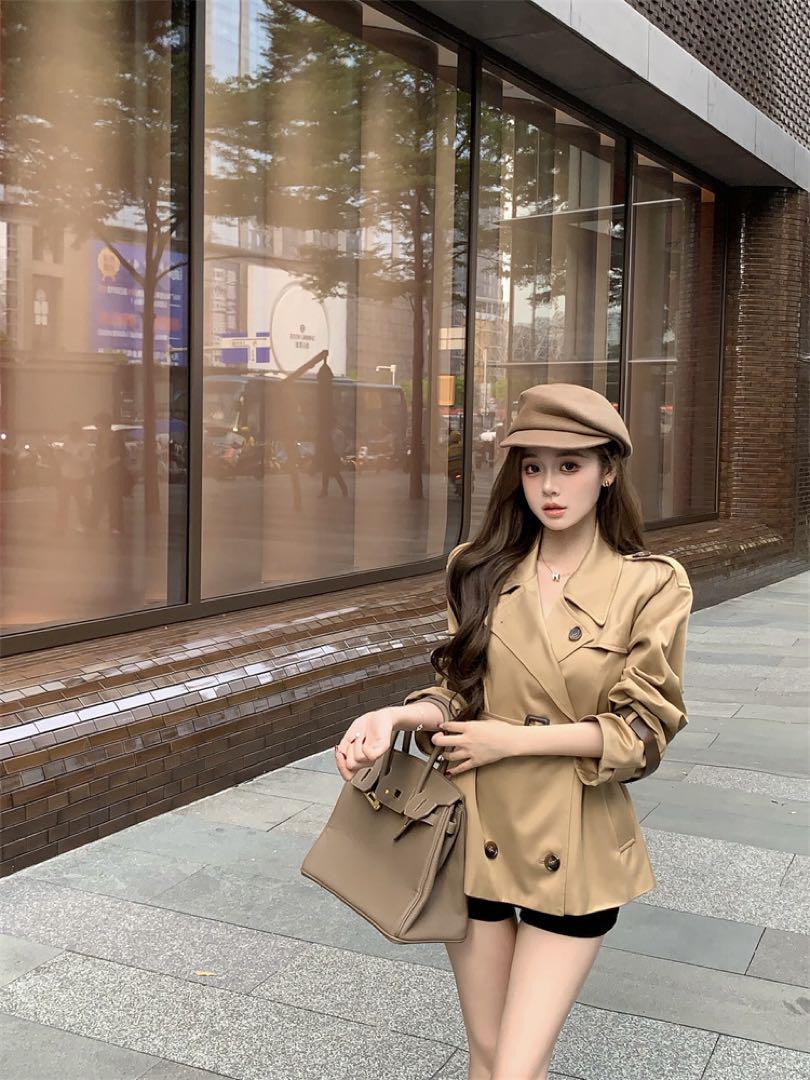 韓国 服 レディース トレンチコート ショート丈 アウター ベージュ 人気 長袖