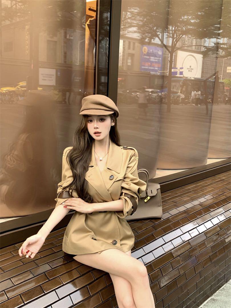 韓国 服 レディース トレンチコート ショート丈 アウター ベージュ 人気 長袖