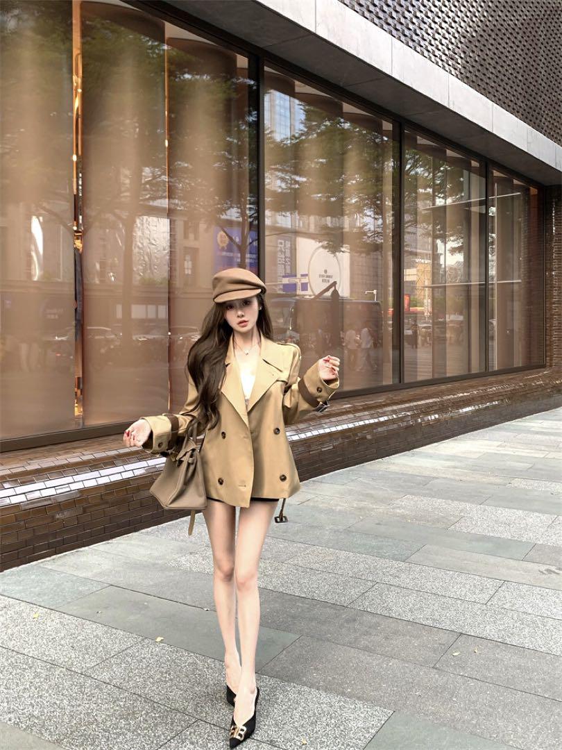 韓国 服 レディース トレンチコート ショート丈 アウター ベージュ 人気 長袖