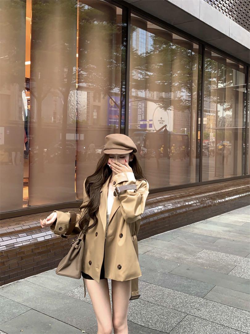 韓国 服 レディース トレンチコート ショート丈 アウター ベージュ 人気 長袖