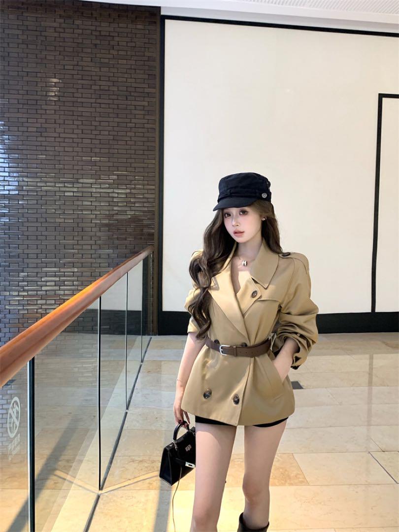 韓国 服 レディース トレンチコート ショート丈 アウター ベージュ 人気 長袖
